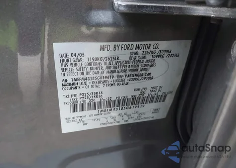 2005 Mercury Montego Premier из США, поврежденный, VIN 1MEFM43185G619419